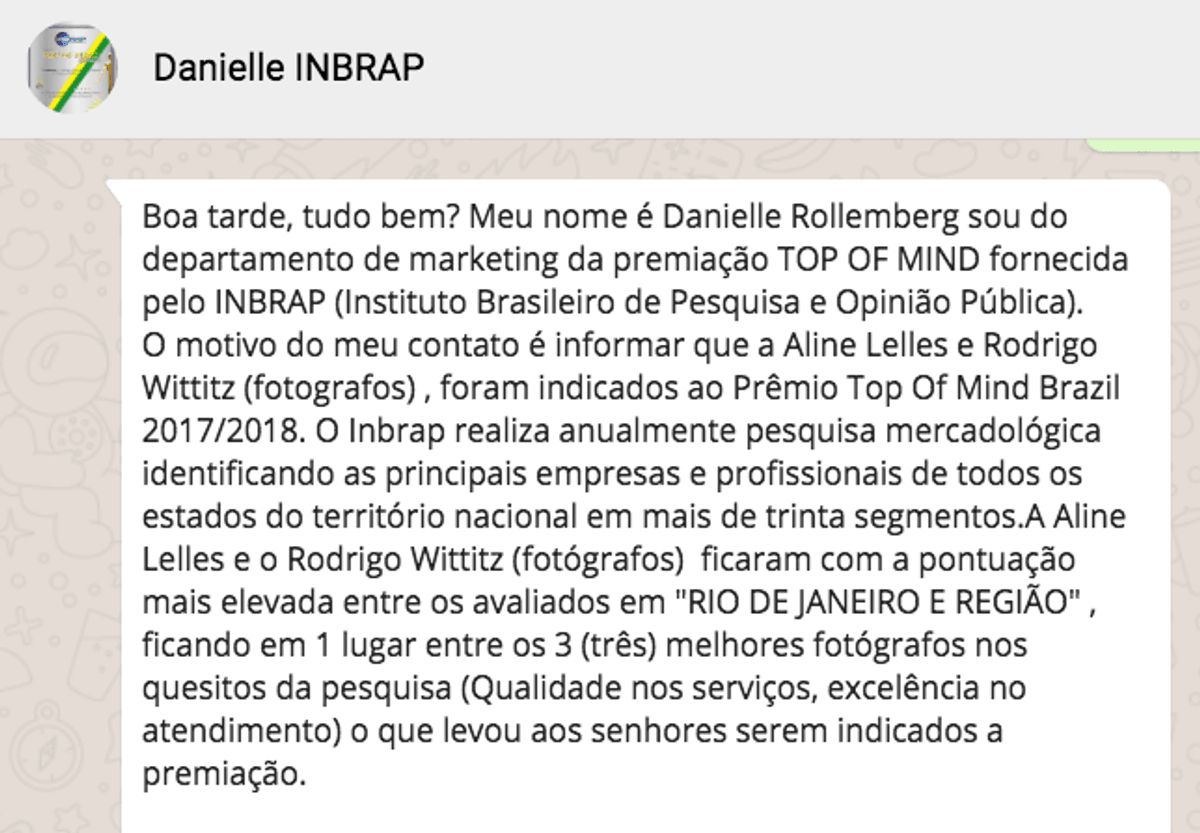 Prêmio INBRAP, Fotografo Top Of Mind Brazil 2018, Prêmio Top Of Mind Brazil,1º top Of Mind Brazil 2018