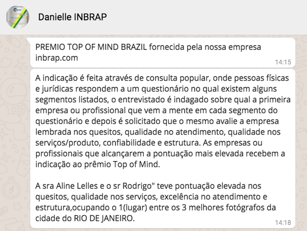 Prêmio INBRAP, Fotografo Top Of Mind Brazil 2018, Prêmio Top Of Mind Brazil,1º top Of Mind Brazil 2018
