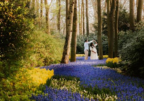 Vacation Photography of Couple session at Keukenhof Tulip garden for Flytographer