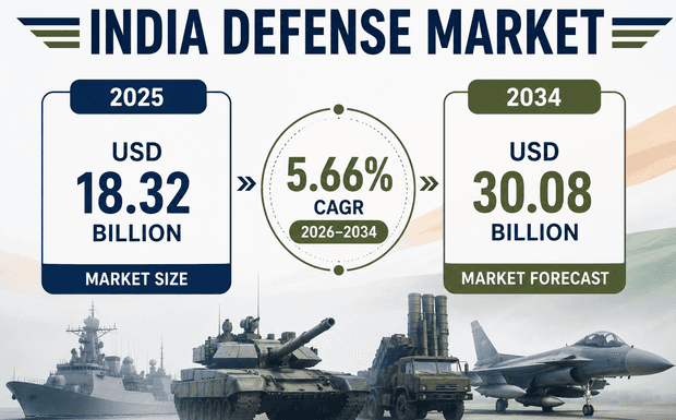 India Defense Market to Hit USD 30.08 Billion by 2034 driven by Rising Defense Manufacturing & Modernization