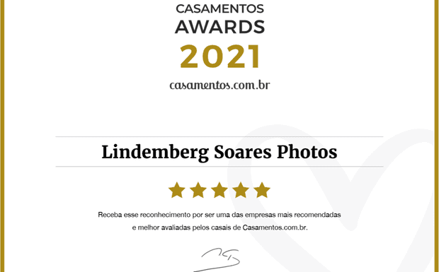 Lindemberg Soares Photos, recebeu o Casamentos Award de Casamentos.com.br por sua trajetória e grande trabalho profissional nos casamentos diante de um ano difícil para o setor