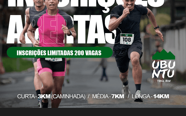 UBUNTU TRAIL RUN!
INSCRIÇÕES ABERTAS!!!
Vagas limitadas 200 atletas.
CLICK NA FOTO ABAIXO:
