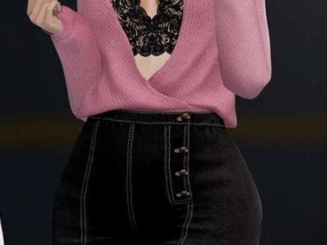 Outfit de Calça preta cintura alta / Cardigan rosa aberto / Top rendado
