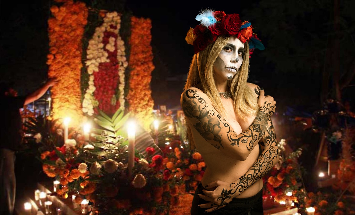 Catrina semidesnuda delante del altar de los muertos