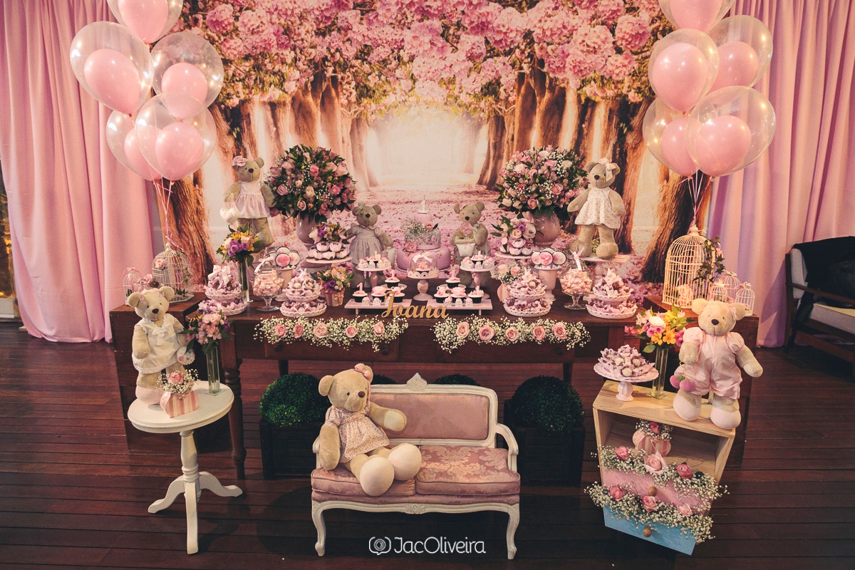 mesa 1 aninho decoração ursinhas rosas merci casa de festa