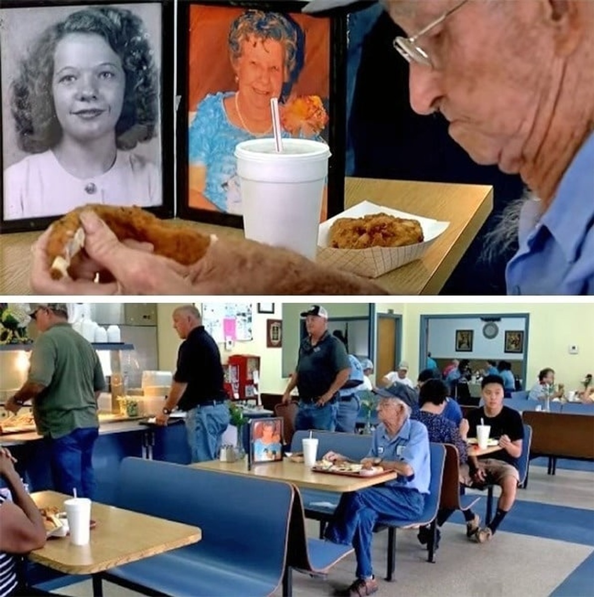 Senhor que leva fotos da esposa falecida para almoçar