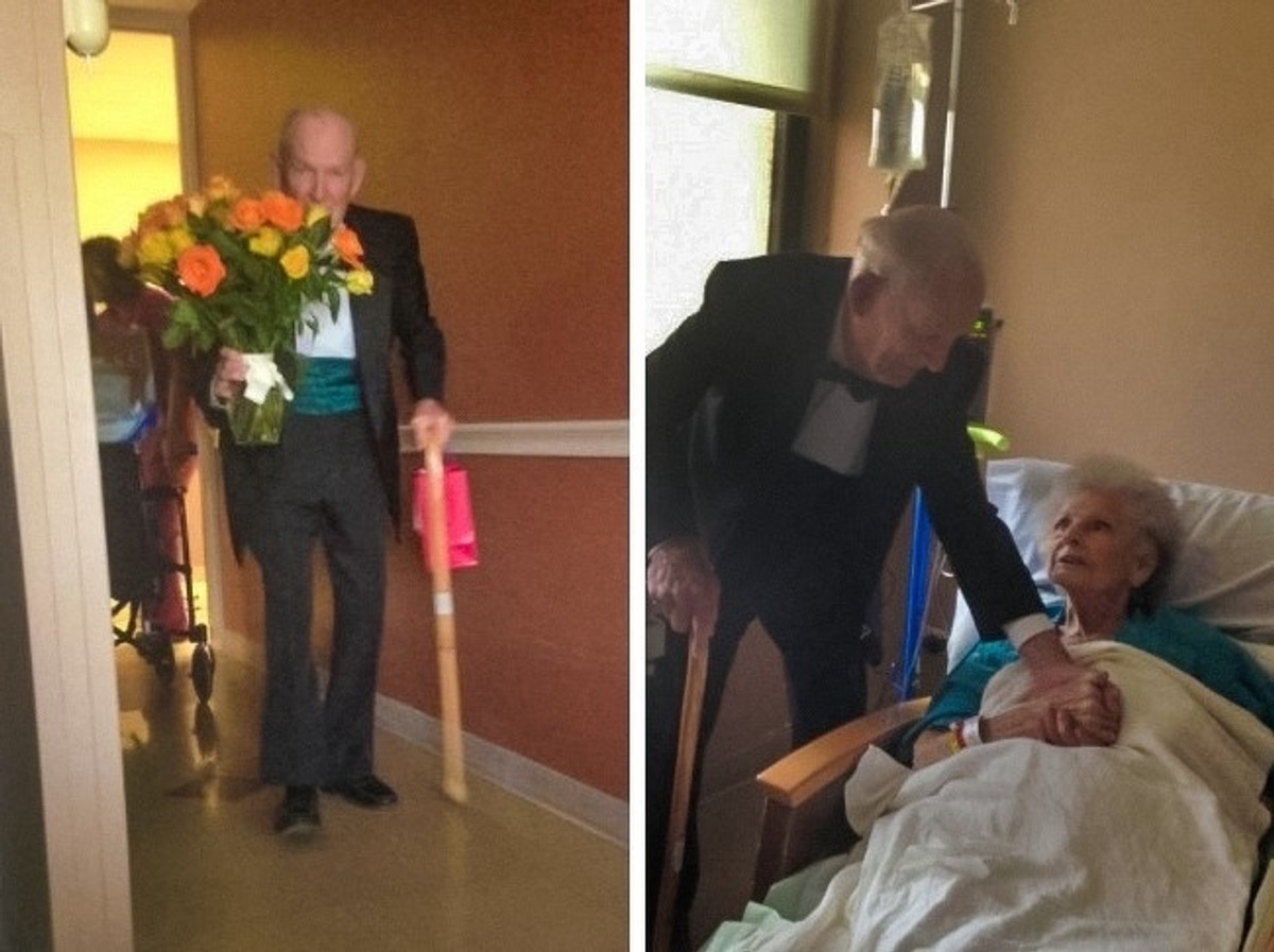 Senhor levando flores para a esposa no hospital de smoking