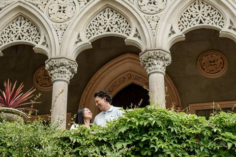 Cindy and Ryan together inside the arched gallery of Palácio de Monserrate, Sintra'