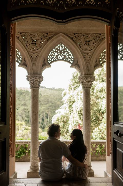 Cindy and Ryan together inside the arched gallery of Palácio de Monserrate, Sintra'