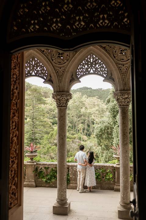 Cindy and Ryan together inside the arched gallery of Palácio de Monserrate, Sintra'