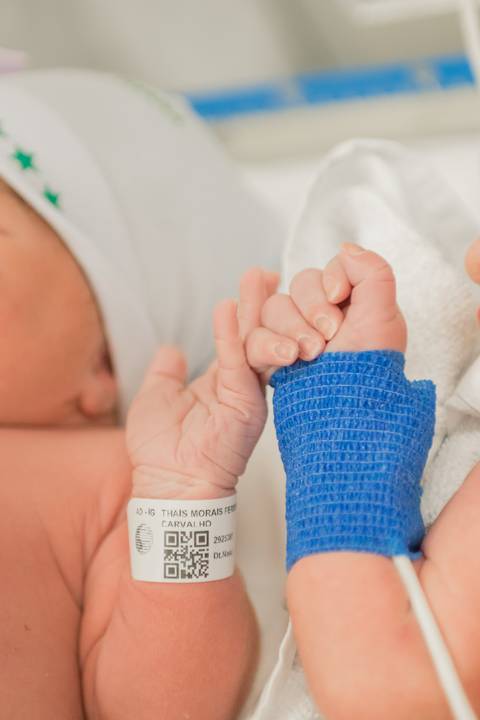 Gêmeos recém nascidos seguram na mão um do outro'