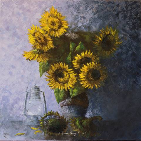 Sunflowers, 80x80x4cm, oil on canvas, palette knife'