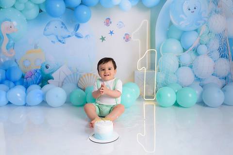 smash the cake de bebê menino 1 ano cenário fundo do mar santo andré'