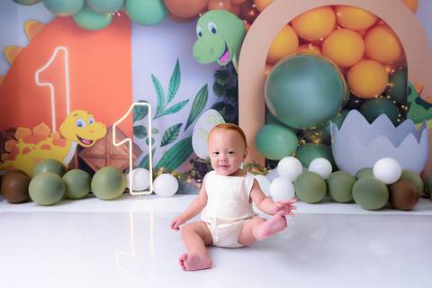 ensaio de menino primeiro aninho no cenário de dinossauro bairro campestre santo andré'