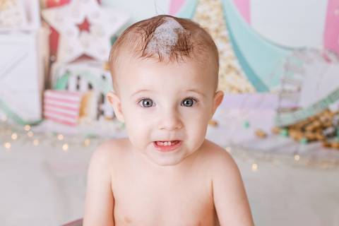 fotografo estudio ensaio joinville Melina 1 ano Smash Splash circo rosa bolo de fruta melancia banho'