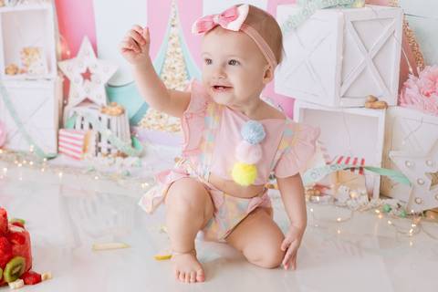 fotografo estudio ensaio joinville Melina 1 ano Smash Splash circo rosa bolo de fruta melancia banho'