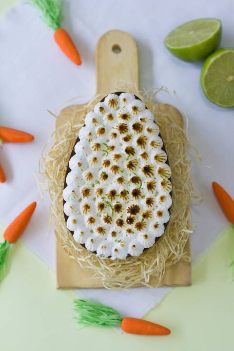 ovo de páscoa artesanal sabor torta de limão sobre uma pequena tábua de madeira que está em um fundo colorido na cor verde e cercado de pequenas cenouras, o ovo encontra-se no centro da imagem.'