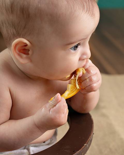 Sessão de fotos de introdução alimentar do bebê'