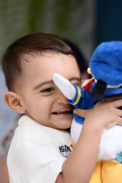 criança sorrindo abrançando o pato donald, ensaio menino 2 anos'