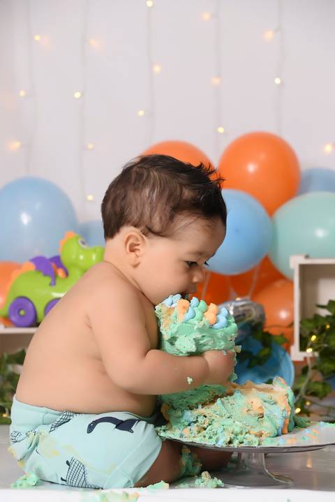bebe esmagando o bolo em ensaio smash the cake tema dinossauros'