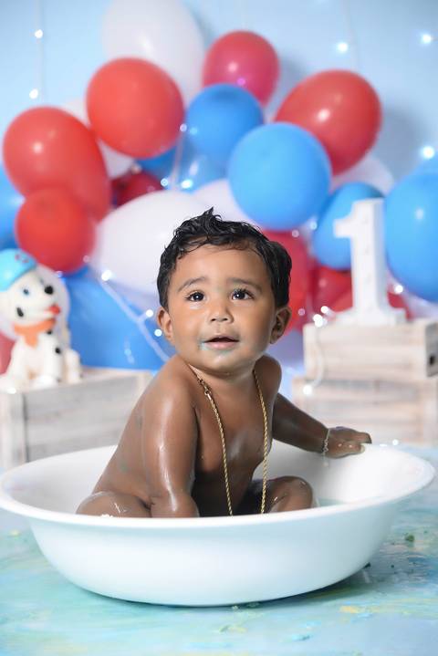 ensaio do banho apos smash the cake, ensaio tematico patrulha canina'