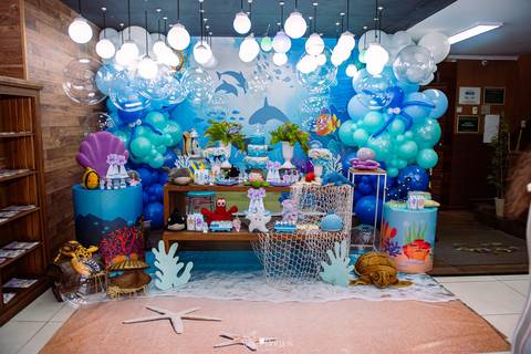 decoração completa de festa infantil tema fundo do mar na casa de festas tik tak 2 em botafogo'