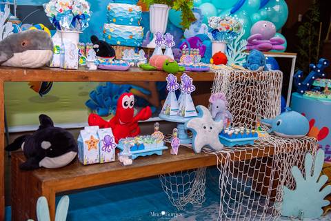 decoração completa de festa infantil tema fundo do mar na casa de festas tik tak 2 em botafogo'