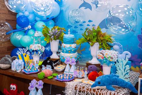 decoração completa de festa infantil tema fundo do mar na casa de festas tik tak 2 em botafogo'