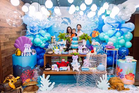 decoração completa de festa infantil tema fundo do mar na casa de festas tik tak 2 em botafogo'