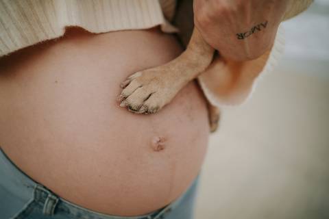 Fotografia de gestante em Ubatuba destacando a barriga durante ensaio na praia.'