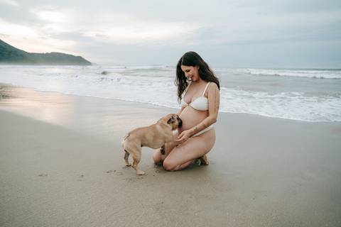 Gestante com seu cachorro durante ensaio fotográfico na praia de Ubatuba ao pôr do sol.'