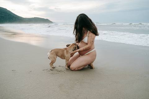 Gestante com seu cachorro durante ensaio fotográfico na praia de Ubatuba ao pôr do sol.'