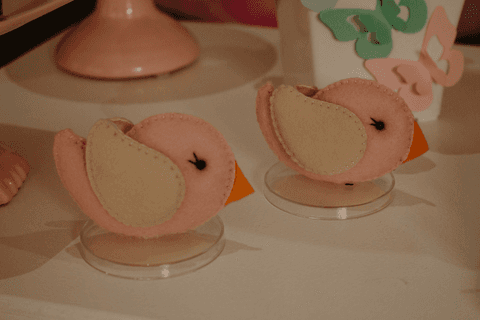 chá de bebê da maya passarinhos de pelúcia rosa em detalhes, sobre a mesa'