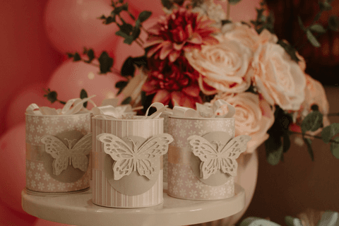chá de bebê da maya bexigas rosas ao fundo, potes decorativos com enfeites de borboletas e flores na frente'