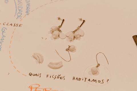 sesc paulista oficina de criação de jóais, brincos de uma outra aluna finalizados sobre a cartolina com sua frase escrita, sobre a mesa'