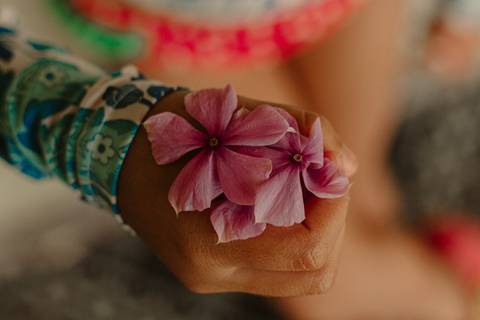 flores nas mãos de maria em destaque'