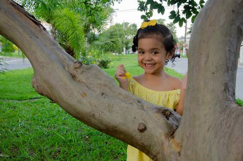Ensaio pré aniversário de 03 anos - Nicole - Criança de 03 anos em sessão fotográfica - Criança posando para ser fotografada com o tronco de goiabeira à sua frente'