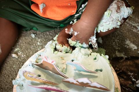Fotografia em estudio com tema dino baby para smash the cake em brasilia df por helenice gonçalves fotografia'