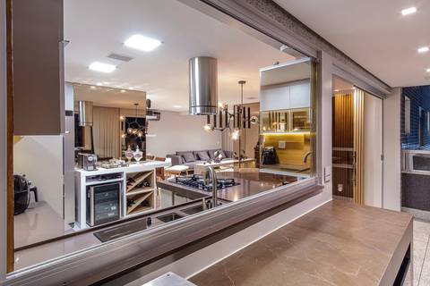 projeto luminotécnico residencial cozinha integrada inspiração de apartamento acabamento de luxo'