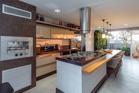 area gourmet em area privativa de apartamento cozinha com ilha'