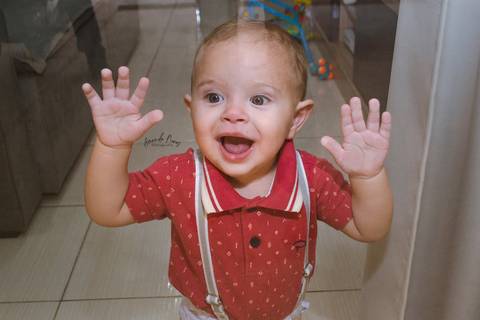 Criança com as mãos apoiada no vidro da porta '