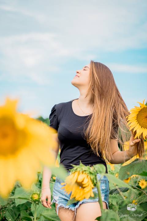 foto de perfil de uma mulher no campo de girassóis da alta genetics do brasil'