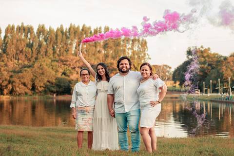 familia no parque e uma fumaça rosa cha revelação'