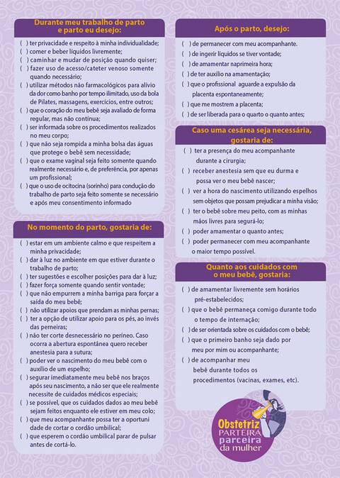 Exemplo de Plano de Parto da Associação de Obstetrizes'