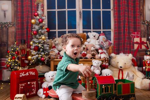 ensaio de natal bebê touca de papai noel brasilia df registrado pela fotógrafa letícia franco casa do papai noel sala arvore guirlanda roupa de papai noel'