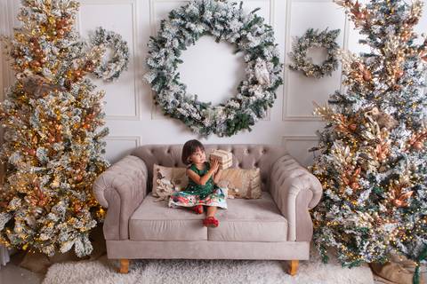 ensaio de natal bebê touca de papai noel brasilia df registrado pela fotógrafa letícia franco casa do papai noel sala arvore guirlanda roupa de papai noel'