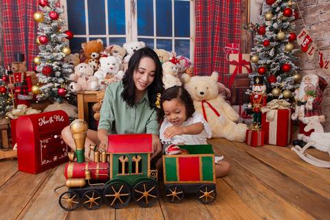 ensaio de natal bebê touca de papai noel brasilia df registrado pela fotógrafa letícia franco casa do papai noel sala arvore guirlanda roupa de papai noel
'
