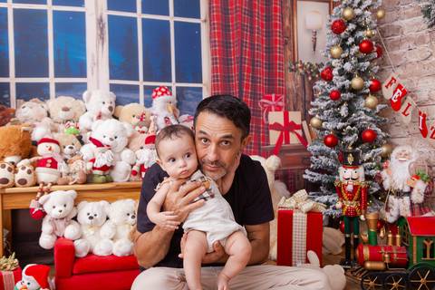 ensaio de natal bebê touca de papai noel brasilia df registrado pela fotógrafa letícia franco casa do papai noel sala arvore guirlanda roupa de papai noel
'