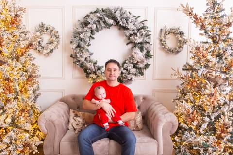 ensaio de natal bebê touca de papai noel brasilia df registrado pela fotógrafa letícia franco casa do papai noel sala arvore guirlanda roupa de papai noel
'