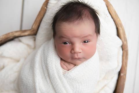 Ensaio newborn em estúdio. O recém-nascido Rafael em produções clássicas e minimalistas com gorrinhos, wraps e cestos em tons neutros e azuis.'